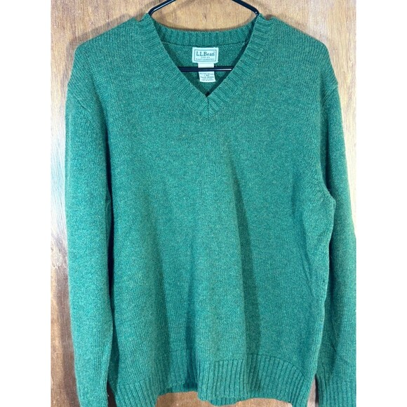 Vintage LL Bean Mens Sweater Large Wool Shetland Green V-Neck Cardigan Pullover - Picture 4 of 9